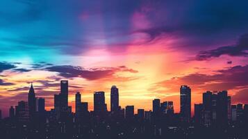 A bustling citys diverse skyline is captured in silhouette the various shapes and sizes of office buildings creating a dreamy and mesmerizing scene against the colorful sky photo