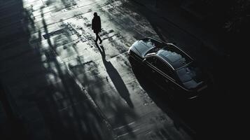 The alluring contrast of light and darkness as a solitary figure walks under a streetlight casting long shadows on the pavement photo