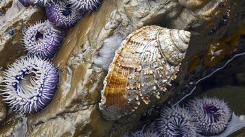 Closeup of a determined barnacle its strong adhesive base firmly attached to a rugged and rough seaside rock surrounded by a few curious and delicate sea anemones photo