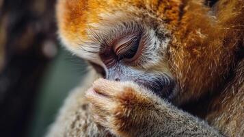 Closeup of a slow loris grooming its fluffy brown fur with meticulous slowness pausing occasionally to scratch its long snout photo