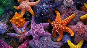 Closeup of a group of colorful starfish and sea urchins crowded together in a tidal pool their unique patterns and shapes creating a mesmerizing display photo