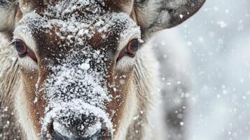 Closeup of a caribous face its eyes determined and its fur matted with wet snow from the blizzard photo