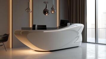 A sleek reception desk with discreet IoT sensors helping to streamline checkin processes for visitors while providing a modern and efficient workspace for employees photo
