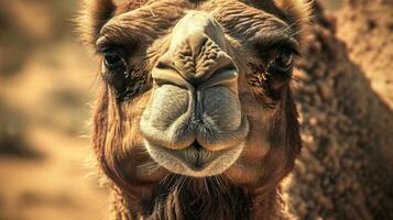Closeup of a humpback camel with parched lips and sunken eyes struggling to survive in a desert landscape with shrinking water sources photo