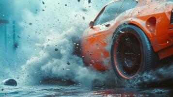 A tire screeches as a car spins out of control narrowly avoiding a collision with the barrier photo