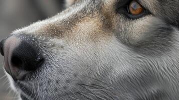 Closeup of a weathered husky its gray snout framed by frosty whiskers that have stood the test of time giving it a wise and regal appearance photo