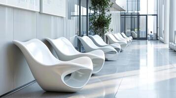 A row of sleek white chairs with curving organic armrests providing ergonomic support and adding visual interest to the offices reception area photo