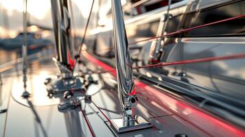 Macro shot of a racing yachts rigging displaying the use of streamlined and lightweight components to decrease the overall weight and minimize drag in the water photo