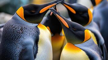 A closeup view of King penguins with their heads tucked in their beaks almost touching as they form a tight huddle to conserve heat photo