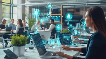 A busy workday at the office with employees utilizing the IoT hubs at their desks to stay connected with colleagues clients and projects photo
