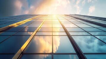 Embracing the beauty of natural light during the golden hour a minimalist office building stands tall with its unique combination of metal and gl photo