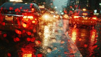 As rain starts to fall on a busy street the reflections of headlights on the pavement create a symphony of shimmering light and shadow photo