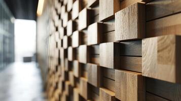 A closeup shot of a textured wall in an office featuring a 3D pattern created by alternating light and dark wooden panels photo
