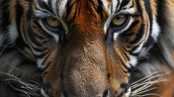 Closeup of a tigers face showing the intense fear and distress in its eyes as it hides in its shrinking habitat threatened by poaching for its valuable fur and body parts photo