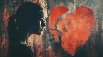 A person gazing at a broken heart symbol representing the shattered pieces of their own heart after a difficult breakup photo