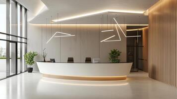 A modern office lobby with a curved reception desk and a striking angular light fixture hanging from the ceiling photo