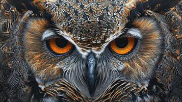 Closeup of the wise owls expression adorned with intricate patterns and markings as it observes the urban landscape from the top of a skyser photo