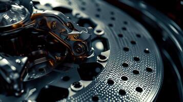 With a closeup shot the camera captures the intricate patterns and shapes on the surface of the brake caliper adding depth and texture to the shot photo