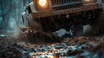 A zoomedin view of the front wheel of an offroad vehicle navigating through deep ruts and mud its headlights ting through the thick layer of dirt and showcasing its durability photo