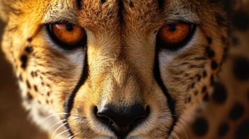 Closeup of a cheetahs mournful expression its eyes reflecting the pain and struggle of a species on the brink of extinction due to the diminishing prey population photo