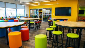 Bright yellow and green standing tables surrounded by colorful stools encouraging team members to have informal discussions and exchange ideas while standing and on thei photo