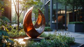 A collection of abstract threedimensional sculptures tered throughout the office gardens changing with the shifting lights and shadows of the sunset photo