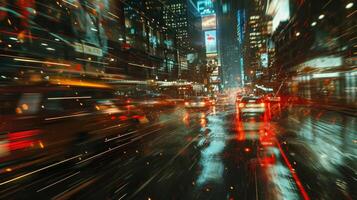 The glimmering reflections of city lights on the surface of a storefront window amidst the fastpaced movement of downtown traffic photo