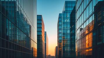 Captured in the fleeting golden hour a group of modern office buildings stands out with their striking shapes and minimalistic design leaving a lasting impression photo