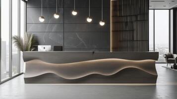 A sleek and modern reception desk featuring a textured surface with a subtle abstract design making a statement as soon as you enter the office photo