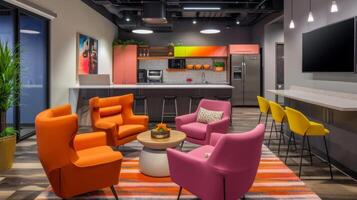 The stateoftheart exeive office offers a trendy space for creative brainstorming with a standing desk colorful furniture and a builtin mini fridge photo