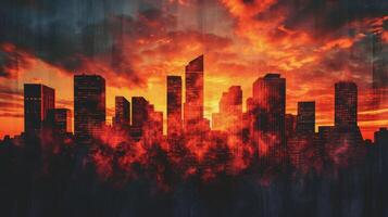 Against a backdrop of a fiery sunset the jagged profiles of modern office buildings form a striking and unique silhouette of a citys downtown core photo