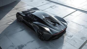 The hood of the car is od to reveal a meticulously crafted engine bay with vents and ducts strategically p to maximize airflow and cooling photo