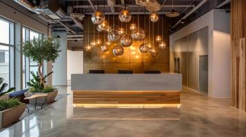 In the reception area a series of br globe lights hang at varying heights making a statement while also providing warm and welcoming lighting photo