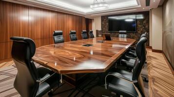 This modern conference room features a large wooden table and comfortable leather chairs creating an ideal space for important meetings and presentations photo