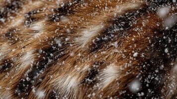 Extremely closeup of a dikdiks soft fur dusted with powdery snowflakes. The intricate patterns and shades of brown are mesmerizing to behold photo