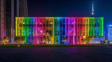The office buildings exterior is transformed into a colorful landscape at night with the combination of lights and architecture creating a stunning visual display photo