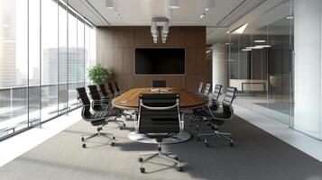 A sleek minimalist design extends to the conference room furniture creating a professional and modern space photo