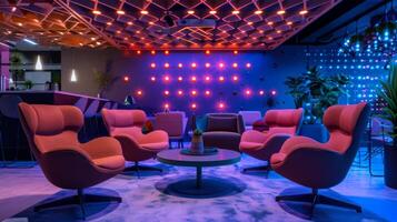 A cozy lounge area with plush chairs and smart coffee tables equipped with IoT sensors to customize music and lighting for a relaxing break photo