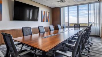 Elevate your meeting experience in our tingedge conference room featuring advanced IoT technologies that make conducting business a breeze photo