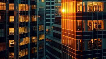 A symphony of light and shadow unfolds during the golden hour casting a beautiful glow on a network of interlocked office buildings photo