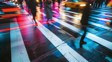 A closeup shot of pedestrians crossing a busy intersection with car lights and crosswalk lines forming a complex pattern on the pavement photo