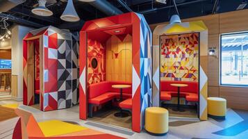 A colorful phone booth with geometric patterns and a mix of red blue and yellow colors serves as a private space for impromptu meetings and calls photo