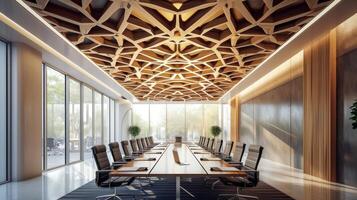 An intricate ceiling design in an office with overlapping wooden beams forming an eyecatching pattern above a large conference table photo
