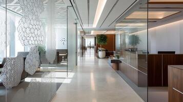 Etched into the gl walls are delicate patterns and symbols subtly guiding visitors to the reception area of the office photo