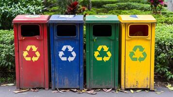 A recycling bin labeled with different compartments for paper plastic and electronic waste encouraging a more responsible and sustainable approach to waste management photo