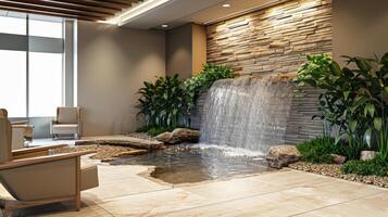 The lobby of this office features a soothing water feature creating a sense of serenity and promoting a connection to the natural world photo