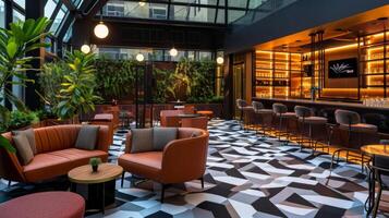 An iconic rooftop design featuring a geometric patterned floor sleek furniture and a fully stocked bar creating a trendy and sophisticated atmosphere for afterwork gathering photo