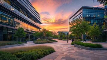 With the sky turning shades of pink and orange the office park is enveloped in a soft and dreamy light making it the perfect place for a leisurely stroll or a quiet momen photo