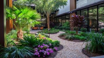 The office courtyard features a variety of plants and flowers creating a serene and inviting environment for employees to relax and socialize photo