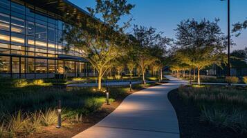 As night falls the pathways around the office are aglow with warm and comforting lighting creating a sense of safety and tranquility for employees leaving the building photo